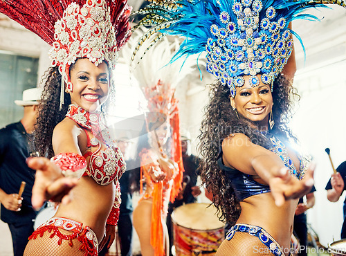 Image of Portrait of women, samba and carnival band in Brazil for celebration, mardi gras and party. Salsa dancers, happy group and music festival performance in rio de janeiro for culture, concert and show