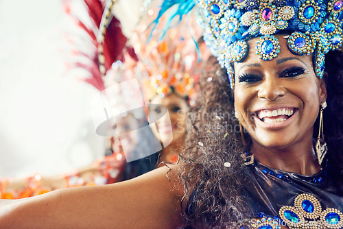 Image of Portrait of women, samba and Brazilian carnival dancers in creative fashion for celebration, party and music festival event. Happy black woman dancing in rio de janeiro for salsa group performance