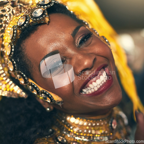Image of Portrait of black woman, carnival dancer and Brazil culture, samba party and celebration. Face of happy female dancing in rio de janeiro at music festival, performance or creative event with energy