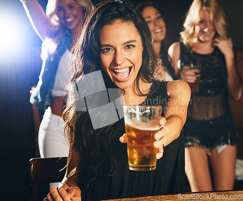 Image of Woman, face or beer toast at night party, clubbing event or social gathering at holiday music festival, summer break or freedom. Portrait, happy smile or alcohol cheers for students or concert girls