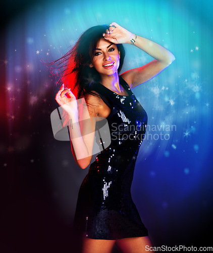 Image of Sexy woman, dancing and disco concert music event at night with galaxy or universe stars in background. New years or birthday club party with smile, happy and young female dancer in dark portrait