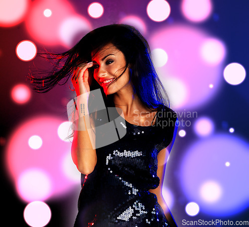 Image of Dance, party or woman dancer happy celebration for fun, woman happy at concert with house music and energy at club event. Excited girl celebrating birthday with disco, smile or comic at nightclub
