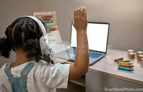 Image of Video call, laptop and mockup with child learning at home for pandemic, education and knowledge. Quarantine, school and online courses with girl student and raised hand for study in virtual classroom