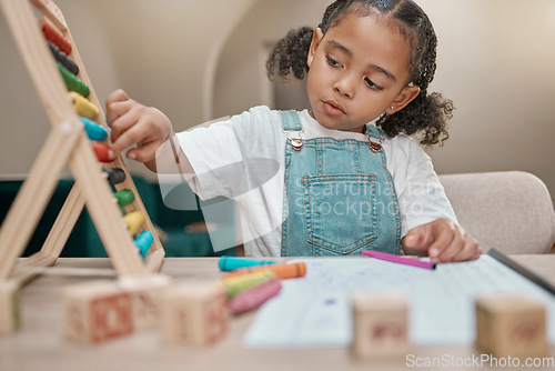 Image of Girl, math study or homeschool abacus in lockdown homework, mathematic education or child learning with paper. Kid, youth or thinking student with kindergarten studying equipment in house living room