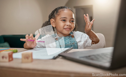 Image of Girl, learning and elearning on laptop, math and education in homeschool, writing and online class at desk in home. Child, happy smile and count for development, education and learning for knowledge