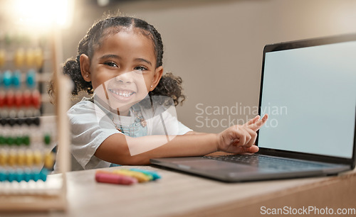 Image of Mockup laptop, e learning portrait and child pointing at digital mock up screen for marketing, advertising or product placement. Remote education, homeschool and student girl study with math software