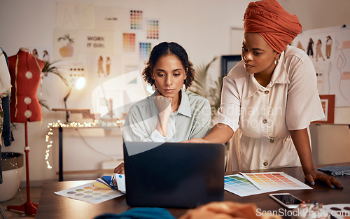 Image of Black women, fashion designer or laptop in teamwork collaboration, strategy planning or brand innovation in retail store. Creative workers, technology or clothes boutique employees with vision ideas