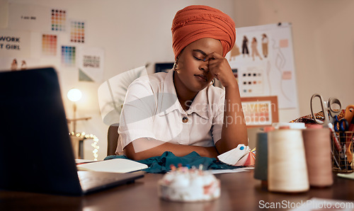Image of Fashion designer, headache or stress in boutique, small business or retail store with pattern fail, mistake or crisis. Black woman, seamstress or worker with burnout, mental health or fabric anxiety