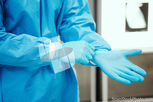 Image of Healthcare, scrubs and surgeon hands with gloves for protection in surgery, medical operation and procedure. Safety, doctor and health worker with latex ppe in clinic, hospital and operating room