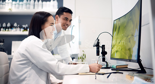 Image of Computer, plant and science with a team planning a botanist experiment and reviewing research. Data, pc and botany expert colleagues in laboratory with ecology study for climate change idea