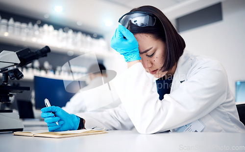 Image of Scientist, headache stress and woman writing in notebook for research, planning report or working on medical analysis in laboratory. Science, frustrated person and biochemistry mistake in lab results