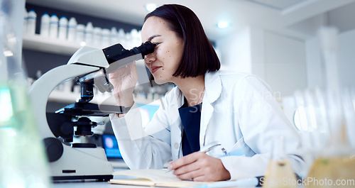 Image of Scientist woman, microscope and lab with writing, book and development of vaccine, cure or medicine. Asian medical expert, science tools and laboratory research for pharmaceutical career in Tokyo