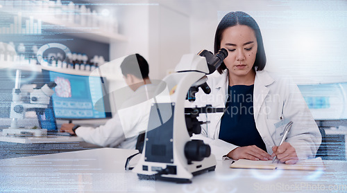 Image of Scientist in laboratory, asian woman in science with microscope and report analytics of research study with data overlay. Innovation in biotechnology, chemistry expert in Seoul or biology specialist