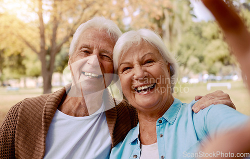 Image of Love, smile and selfie with old couple in park for bonding, relax and affection together. Retirement, nature and happy with portrait of man and woman in garden for happiness, summer and relationship