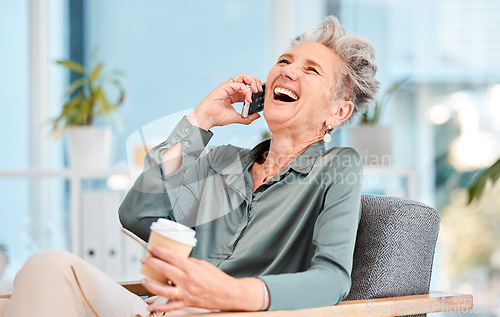 Image of Phone call, good news and laughing with a business woman, CEO or manager joking while talking in an office. Mobile, communication and networking with a senior female employee enjoying a laugh or joke