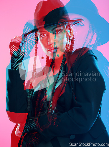 Image of Punk, rock and graphic of a woman with fashion, creative portrait and digital against a pink studio background. 3d technology, stylish and model with designer clothing, overlay and edgy style