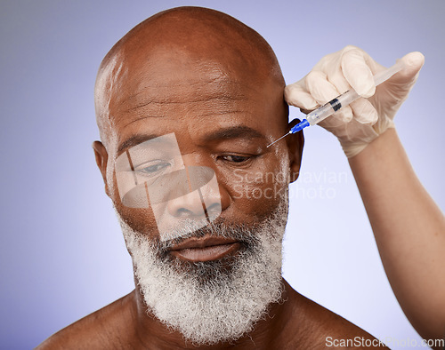 Image of Hand, face and botox with a senior black man getting a syringe injection in studio on a purple background. Plastic surgery, anti aging and treatment with a mature male in a salon for a facelift