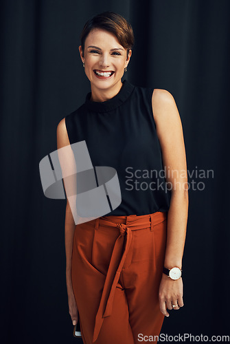 Image of Smile, confidence and portrait of woman on black background, corporate success and empowerment in business. Happy woman, startup ceo and leader with vision in small business management in studio.