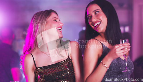 Image of Music, neon and friends dance at party, club or New Year celebration event with drinks, alcohol or champagne. Fun night life, energy and social women dancing, happy and celebrate at disco nightclub