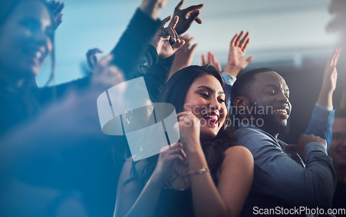 Image of Love, couple and dancing at a party, happiness and bonding together. Concert, man and woman dance, at night and have fun for relationship, energy and friends at music festival, celebration and relax.