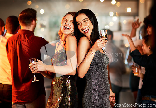 Image of Friends, new year and party celebration, drinks and happy smile with dance, music and ladies night social. Women, laugh and celebrate at a event with people, drinking alcohol and nightclub tgoether