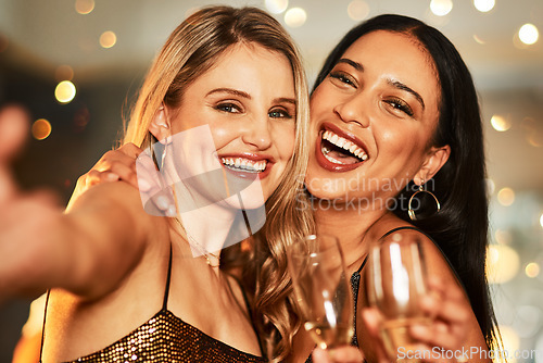 Image of Party, champagne and women friends selfie at nightclub to celebrate birthday, new years or happy hour together with a hug, happiness and fun. Portrait for ladies night celebration with alcohol drinks