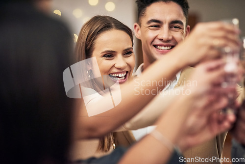 Image of Group of friends, toast and celebration in restaurant, party and happiness together for New year. Young people, smile and champagne for success, happy hour or social event for drinks, cheers or relax