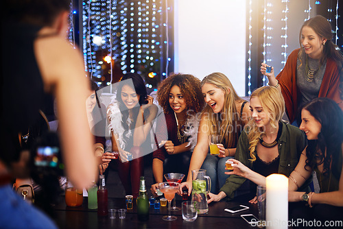 Image of Friends, drinks and nightclub celebration on happy hour with alcohol, drinking and cocktails. Party, music and celebrate event of people at night with happiness and excited smile ready for shots