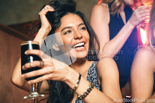 Image of Young woman with beer, alcohol and party at nightclub with new year celebration and happiness, drinking during night out. Celebrate, cocktails and drink at happy hour with ladies night getting drunk.