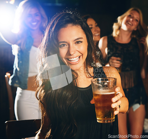 Image of Happy, beer and woman portrait in a nightclub for new years, social of happy hour event. Happiness, alcohol drink and music of a person ready for dancing, celebration and dj concert with a smile