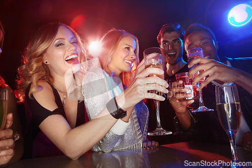 Image of Party, wine and group of people in club for social, disco and night lifestyle at new year celebration together for happy hour drinks. Alcohol, red wine glasses and cheers women and friends celebrate