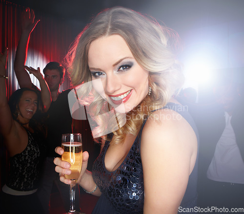 Image of Party, champagne and portrait of woman in nightclub for celebration, new years and social event. Music, alcohol and face of happy girl enjoy festival, dance and happy hour at rave, disco and club