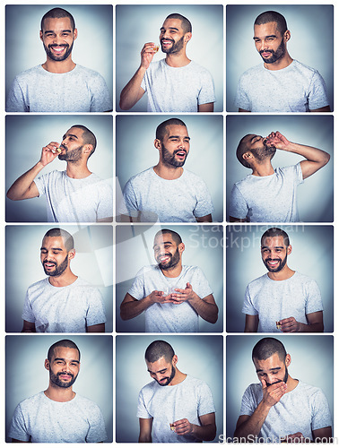 Image of Collage, drunk man and drinking alcohol at party for new years, birthday or Christmas celebration with funny photobooth portrait. Funny male with shots drink in comic gradient background booth