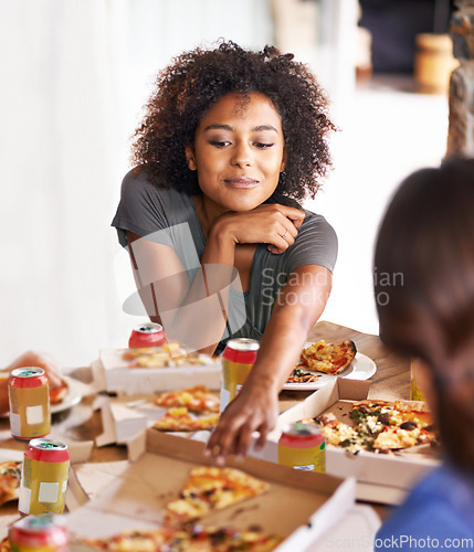 Image of Black woman, friends and pizza party at table, eating or bonding to relax in restaurant, house or cafe. Woman, group and italian fast food at dinner, lunch or meal for beer, drinks or social together