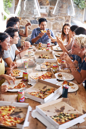 Image of Pizza, community or friends eating at a party table to celebrate summer holidays vacation together by bonding. Diversity, restaurant or hungry people enjoy a fast food lunch meal at social gathering