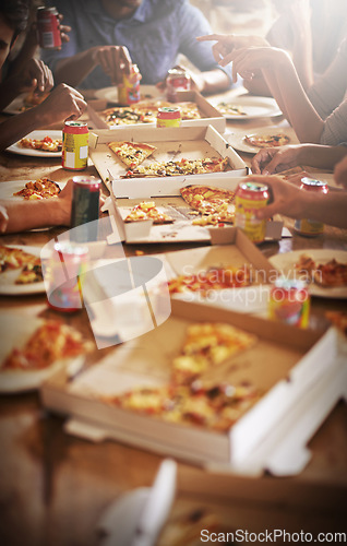 Image of Diversity, friends and pizza party at restaurant eating or soda drinks at table to celebrate summer reunion or holiday vacation. Hungry people, enjoy fast food and lunch meal at social gathering
