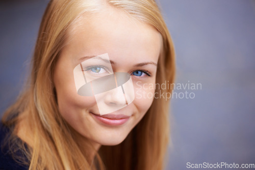 Image of Smile portrait and happy girl face from Ireland with teen feeling relax and calm. Young teenager alone with youth skin glow and natural beauty smiling with healthy blond hair and isolated