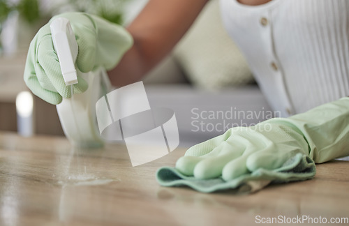 Image of Woman, spray bottle and sanitizer cleaning with a cleaner wiping a table surface with a cloth or rag in the home. Hands, spraying and disinfectant with a female clean bacteria and house work on desk