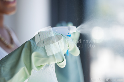 Image of Hands, spray and detergent for cleaning window, domestic or housework chores at home. Hand with rubber glove spraying for clean hygiene, sanitary or anti bacteria chemical cleaner for washing glass