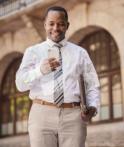 Image of Business, city and black man walking with phone typing, texting and reading online message in street. Communication, network and happy businessman on internet on smartphone on travel in urban town