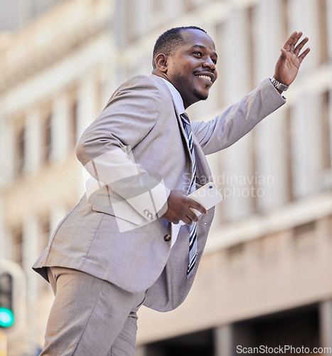 Image of African businessman, stop taxi and street in city, metro or urban transport for travel, meeting or event. Corporate black man, smile and hail for cab, bus or e-hailing transportation in Cape Town