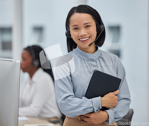 Image of Business woman, call center and portrait in office for telemarketing compliance, virtual assistant and workplace employee management. Telecom, technology and consultant or leader with crm excellence