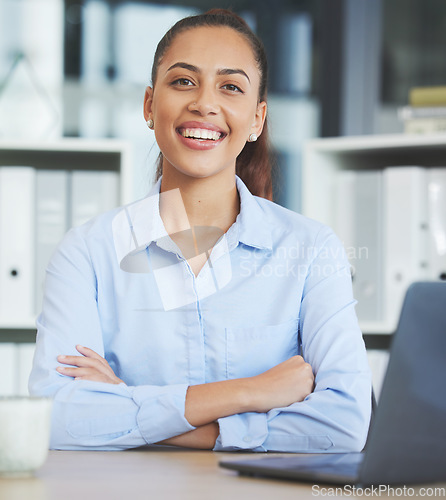 Image of Laptop, portrait and business woman with office company success, vision for workplace development and Human Resources management goals. HR boss, leadership and trust with proud face working at a desk