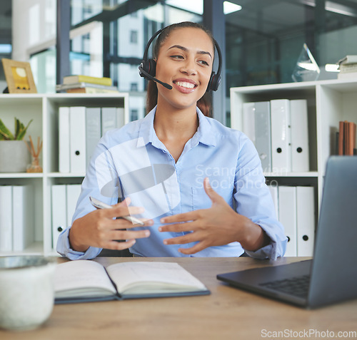 Image of Call center, video call and office woman on laptop for customer service, business advisory and telemarketing strategy. Happy consultant working on computer for telecommunication, sales and support