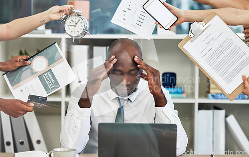 Image of Headache, stress and businessman with documents in hands for time management, office administration and project proposal anxiety. Burnout, mental health or tired black manager on a laptop with chaos