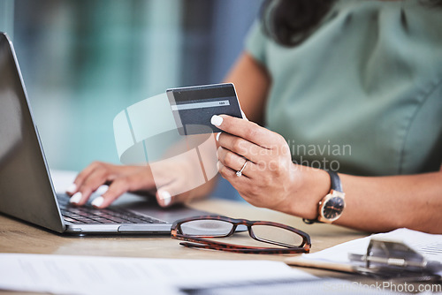 Image of Online shopping, credit card and woman hands with laptop for ecommerce, payment and purchase on internet store. Technology, fintech and girl typing banking details on computer for online banking