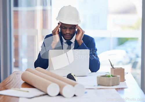 Image of Headache, architecture and businessman in office on laptop for project management, planning or construction stress, anxiety or pain. Confused, focus or burnout black man contractor for mental health