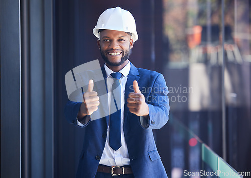 Image of Black man, thumbs up and architect happy with success, happy or smile in architecture office. Support, welcome or thank you with industrial construction designer designing a building project at work