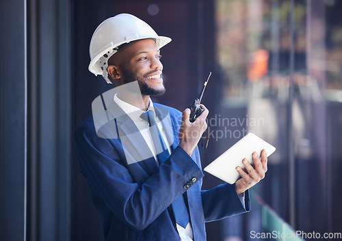 Image of Businessman, tablet and talking on walkie talkie architecture design planning, engineering manager and industrial boss. Digital tech, black man and online conversation or construction management plan