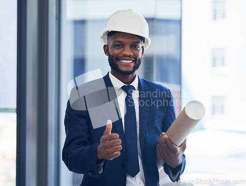 Image of Thumbs up, happy engineer or architect black man with construction success goal target or plan. Support, thank you or construction worker with smile for architecture building design approval portrait